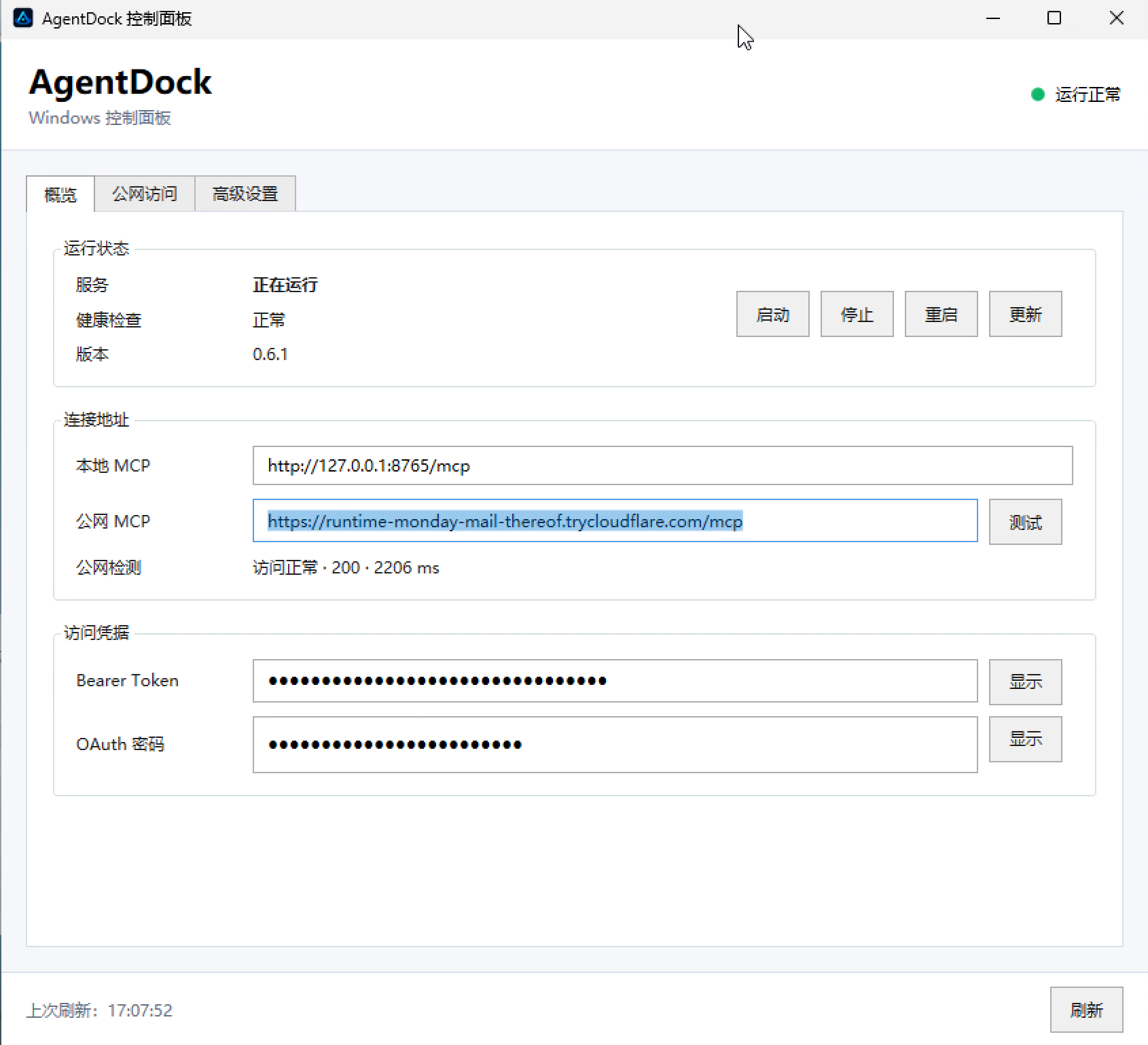 控制面板概览页中的公网 MCP 地址和 OAuth 密码